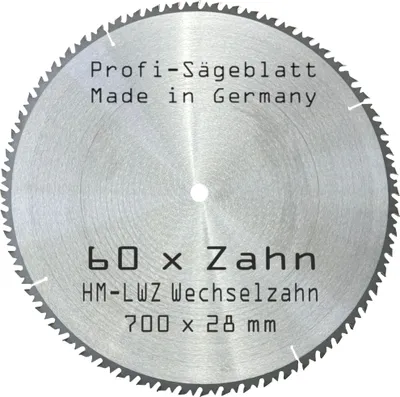 Produktbild von Hartmetall-Sägeblatt – 60 ZAHN - Ø 700 x 28 mm LWZ Wechsel-Zahn HM WZ Präzisions-Kreissägeblatt mit Spanabweiser für Hartholz  Naturholz Brennholz Leimholz Kappsäge Wippsäge Tischkreissäge