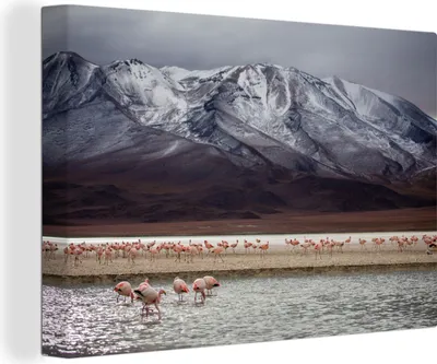 Produktbild von OneMillionCanvasses® - Leinwandbilder - 140x90 cm, Flamingos vor einem Berg, Wandbilder Kunstdruck Wanddekoration