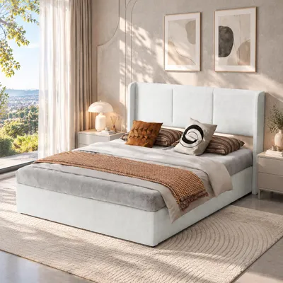 Imagen del producto de INONEFT, cama tapizada de 140x190 cm con espacio de almacenamiento, cama juvenil con sistema hidráulico, baúl para cama, cama doble juvenil con somier, lino, color beige