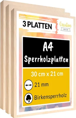 Produktbild von Creative Deco 3 x A4 Sperrholzplatte 21mm | 300 x 210 (+/- 0,5) mm | Birkensperrholz für Laubsäge, Brandmalerei, Laserschnitt, CNC