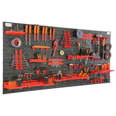 Produktbild von Werkzeugwand Wandregal mit 173x78cm Abmessungen 72 tlg. Set im Schwarz/Rot Werkzeughalter Werkstattregal aus Kunststoff Lagersystem Schüttenregal