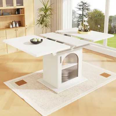 Image de Table de salle à manger blanche extensible avec un espace de rangement pratique