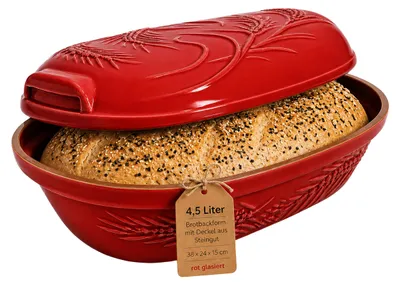 Produktbild von KERAZO 4,5 Liter Brotbackform mit Deckel und Getreidemuster aus Steingut, 38x24x15 cm, Bräter, Auflaufform, Schmortopf, rot