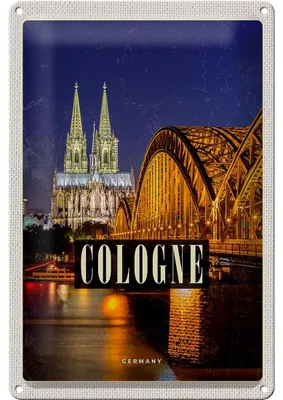 Produktbild von Blechschild Reise 20x30cm Köln Brücke Stadt Dom Abend Lichter