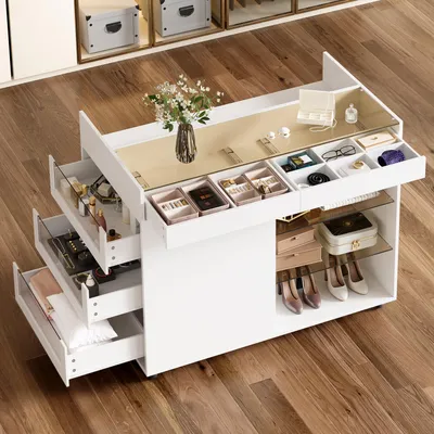 Immagine prodotto di Merax: toletta con piano in vetro su rotelle, credenza a 5 cassetti, comò multifunzionale con spazio contenitivo e divisori, 110x60x79 cm, bianco