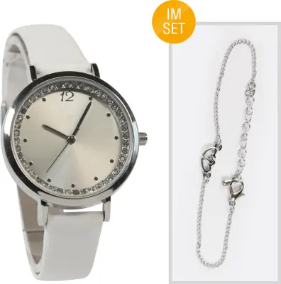 Produktbild von Miraval Damen Armbanduhr Weiß mit Kunstlederarmband & weißem Zifferblatt – Quarzuhr mit Schmuck-Set, Ø 34mm