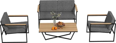 Image de Ensemble de meubles de jardin 4 personnes résistant aux intempéries Ensemble de meubles de balcon avec canapé 2 places, 2 chaises Coussin de siège Table d'appoint Outdoor Ensemble de meubles de terrasse Salon de jardin pour jardin terrasse balcon Gris Aosom
