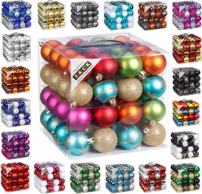 Produktbild von 64x Kunststoff Christbaumkugeln Ø 6cm Kugel Box Glanz Glitzer Matt + Aufhänger Bunt