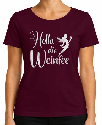 Productafbeelding van Holla die Weinfee: T-shirt voor dames, wijnliefhebbers, wijnproeverijen, wijnfeestjes, vintage stijl, bordeauxrood, maat M