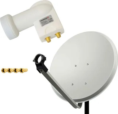 A satellite dish, LNB, and F-connectors are arranged on a white background.