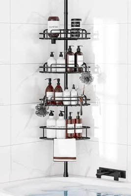 Productafbeelding van Telescopische doucheplank 121-314 cm, 4 planken, metaal, voor badkamer, zwart
