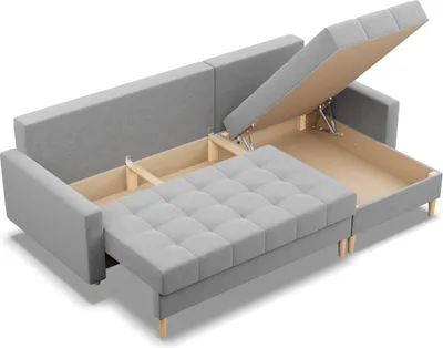 A grey sectional sofa with its storage compartments open, revealing the interior.