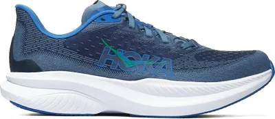 A side view of a blue Hoka running shoe.