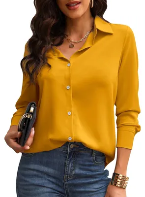 Productafbeelding van V-hals Blouse - Lange Mouwen, Effen Kleur, Knop Sluiting