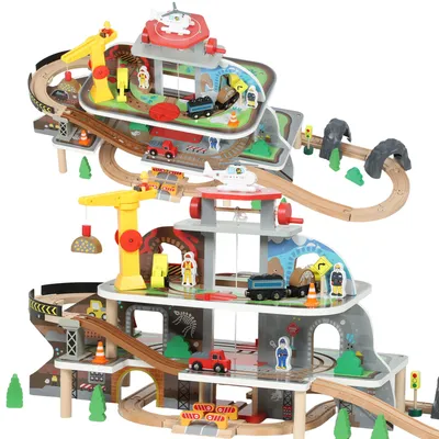 Produktbild von Eisenbahnset aus Holz, 79 Teile, 4 Ebenen, Aufzug, Kran, erweiterbar, Bunt