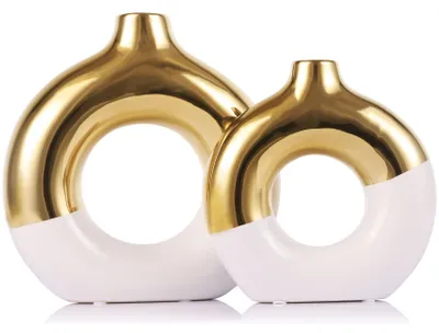 Immagine prodotto di Set di 2 vasi in Vetroceramica, bianchi e dorati, per l'arredamento interno