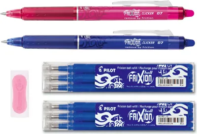 Produktbild von Pilot Frixion Clicker blau und pink + 6 Ersatzminen blau + gratis Radierer pink