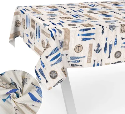 Produktbild von Tischdecke Maritim aus Textil mit Exclusiven Motiven wasserabweisend Tischtuch Tischwäsche Aquarell Blau Breite 140cm Länge 500cm mit Schnittkante