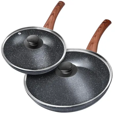 Obrázok produktu pre Vilde | Sada 2 panvíc - Panvica 20/28 cm - s pokrievkami - Indukčná panvica s nepriľnavým povrchom - ČIERNA a DREVENÁ