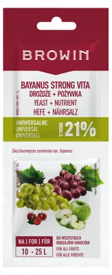 Packaging for Browin Bayanus Strong Vita yeast, featuring text and images of fruit.