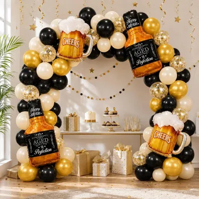 Image de Ensemble de ballons noir et or, comprenant 106 pièces, avec des ballons en forme de chope à bière, idéal pour un anniversaire de garçon, une fête de bière