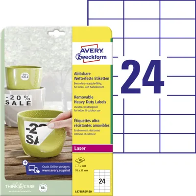 Produktbild von Avery Zweckform L4718REV-20 Wetterfeste Etiketten, ablösbar, 70 x 37 mm, 20 Bogen/480 Etiketten, weiß