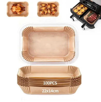 Obrázek produktu pro Pergamenový papír pro fritézu s horkým vzduchem, 100 kusů, rozměr 22x14 cm, s nepřilnavou povrchovou úpravou, voděodolný, odolný vůči oleji, tepelně odolný do 220°C