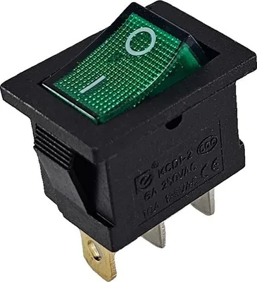 Zdjęcie produktu dla Zielone mini przełączniki kołyskowe 19 x 13 mm, 6 A, 250 V~ 3-pinowe, podświetlana kołyska