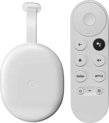 A white Google Chromecast with Google TV device and its remote control are shown against a white background.