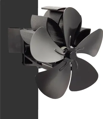 A black stove fan with multiple blades is shown attached to a black surface, with the background split between black and white.