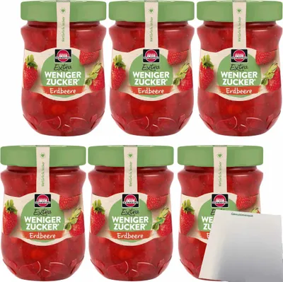 Produktbild von Schwartau Extra Weniger Zucker Erdbeere Fruchtaufstrich 6er Pack (6x300g Glas) + usy Block