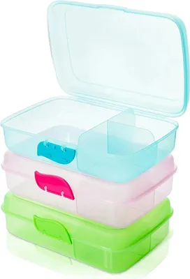 Produktbild von Praktische Lunchbox Kinder, 3 Fächer, stapelbar, 3 Farben, mit Clickverschluss