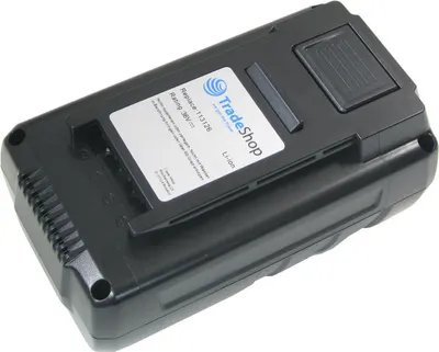 A black rechargeable battery pack for a power tool, shown from a slightly elevated angle on a white background.