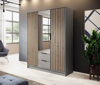 Produktbild von Dreitüriger Kleiderschrank NELA mit Lamellen 155 cm mit Spiegel, Grau / grau + Artisan Eiche