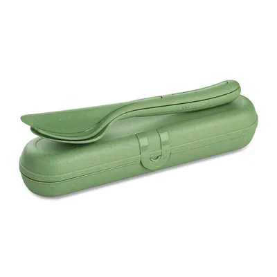 A green cutlery set with a case, presented on a white background.