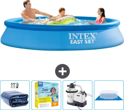 Produktbild von Intex runder aufblasbarer Easy Set-Pool – 305 x 61 cm – Blau – im Lieferumfang enthalten Sonnensegel - Wartungspaket - Filterpumpe für Schwimmbad - Bodenplane
