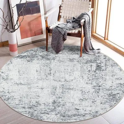 Produktbild von Unyqoos® Moderner runder Teppich 135 cm, Grau – abstraktes Design, weich aus Kunstwolle, rutschfeste Baumwoll‑TP‑Gummirückseite, Wohnzimmer