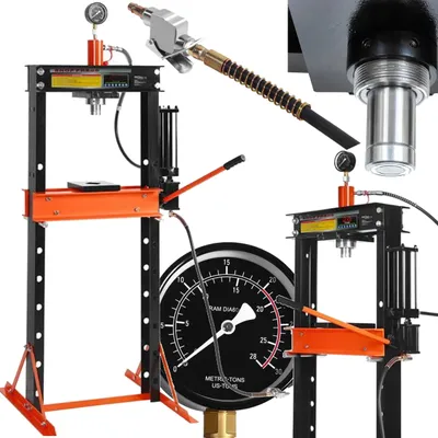 A collage of images showing a hydraulic press and its components, including a pressure gauge and a hydraulic ram.