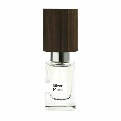 A product shot of a perfume bottle with a wooden cap.