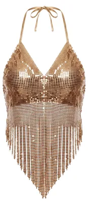 Produktbild von Damen Top gold XS figurbetont Neckholder V-Ausschnitt ärmellos mit Fransen