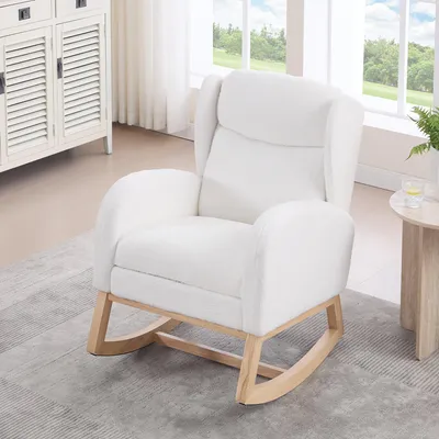 Image de OKWISH Fauteuil à Bascule, Fauteuils de Salon avec Repose-Pieds Réglable et Haut Dossier, Tissu Teddy, Blanc