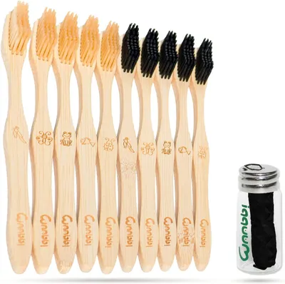 Produktbild von Bambuszahnbürsten Set, 10 Stück, weiche Borsten, mit Zahnseide, für die Zahnpflege