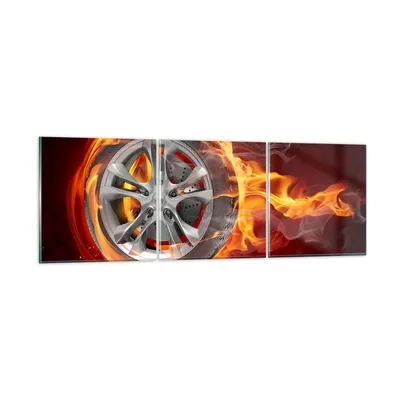 Produktbild von Bilder auf glas - Rad Flammen Felge - 90x30cm - Glasbilder - Wandbilder - Kunstdruck - zum Aufhängen bereit - Wanddekoration aus Glas - Glas Bilder - Wandbild auf Glas - 3 Teile - GCA90x30-0198
