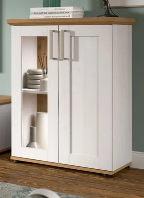 Produktbild von Vitrine "Mirano" in weiß Lärche und Eiche Artisan Landhaus Highboard 64 x 88 cm