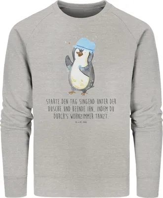 Produktbild von Mr. & Mrs. Panda Baumwoll Sweatshirt Pinguin Duschen Größe S - Heather Grey - Geschenk, Neuanfang, Duschkonzert, Pullover, Singen, Dusche, Sweater, Bio, Pulli, Pinguine