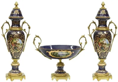 Produktbild von Casa Padrino Barock Keramik Vasen Set mit Schale Dunkelblau / Mehrfarbig / Gold - Prunkvolle Deko Accessoires im Barockstil