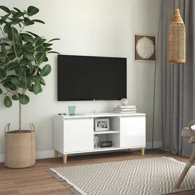 Produktbild von vidaXL Szafka pod telewizor z nogami z litego drewna, biały wysoki połysk 103,5x35x50 cm