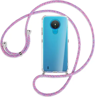 Produktbild von Handykette Backcover-Schutzhülle mit Band (Metall silberfarben) für Nokia 1.4 - lila/rosa/blau