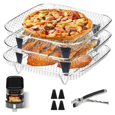 Produktbild von Airfryer Zubehör Edelstahl 3-lagig – Gitterrost, Ölablauf & Grillgestell, robust