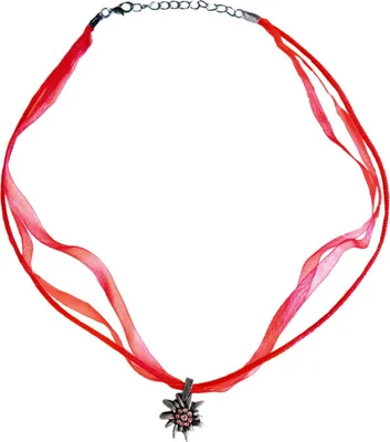 Produktbild von German Wear, Trachtenkette Edelweiß Satin Chiffon Straßsteine Metall 2cm rot